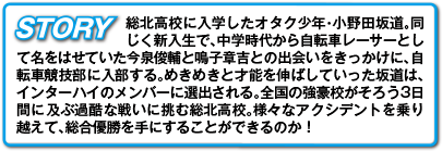 STORY 総北高校に入学したオタク少年・小野田坂道。同じく新入生で、中学時代から自転車レーサーとして名をはせていた今泉俊輔と鳴子章吉との出会いをきっかけに、自転車競技部に入部する。めきめきと才能を伸ばしていった坂道は、インターハイのメンバーに選出される。全国の強豪校がそろう3日間に及ぶ過酷な戦いに挑む総北高校。様々なアクシデントを乗り越えて、総合優勝を手にすることができるのか！